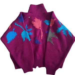 Vintage Burgundy Leaf Pattern Knit Cardigan Sweater High Neck Button Up Women S